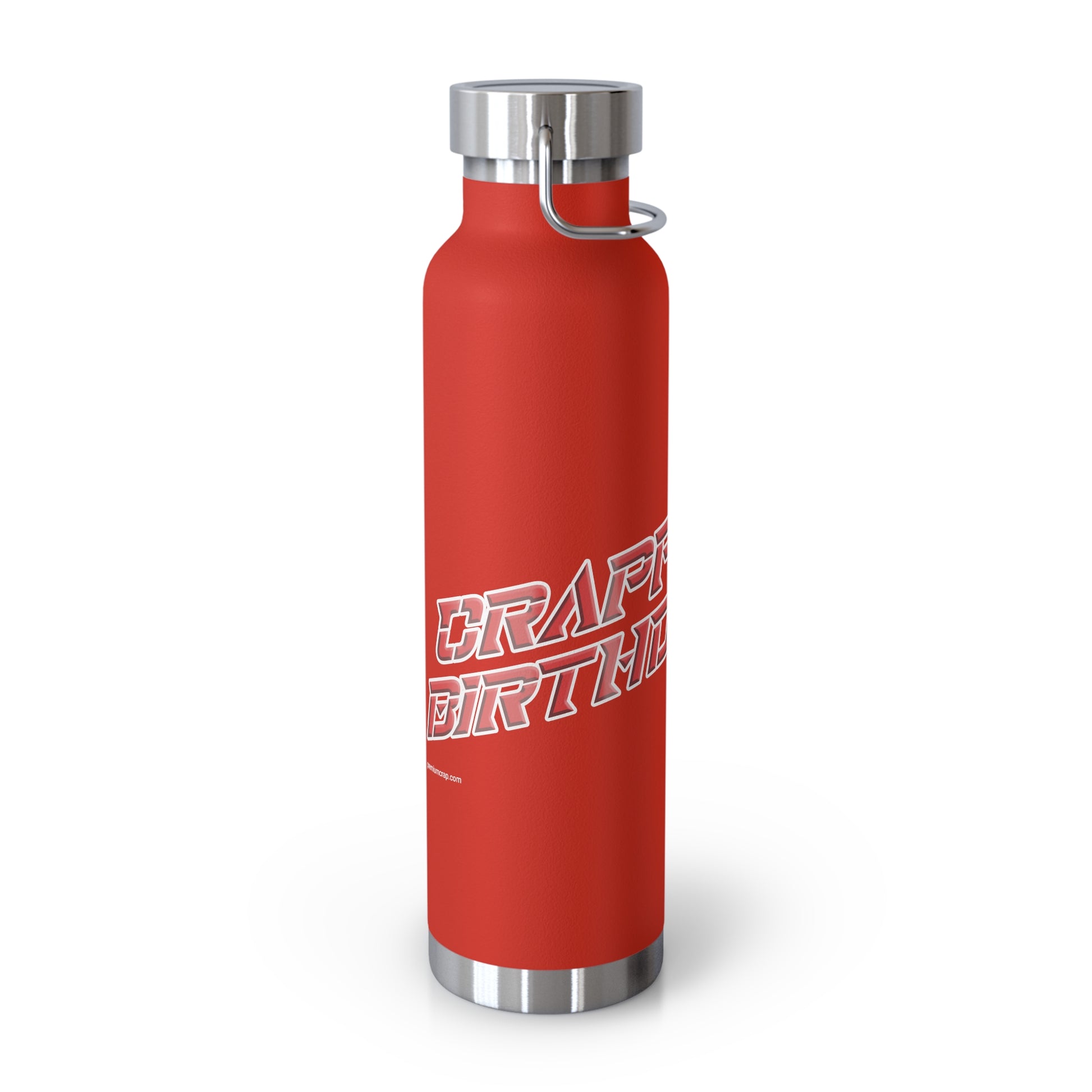 Red water bottle with silver cap and handle on a white background