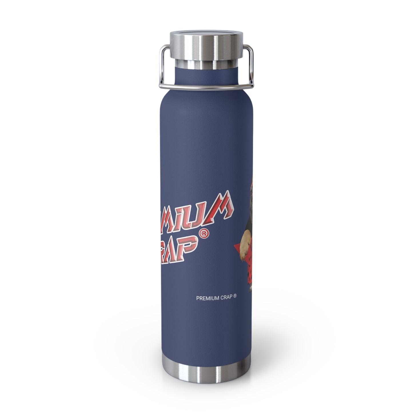 Navy blue water bottle with silver lid and 'Premium Crap' branding on a white background