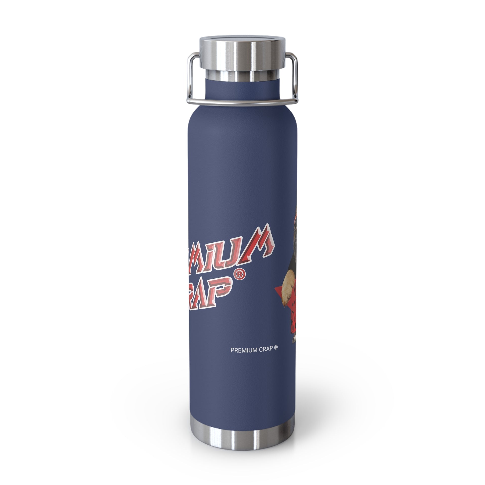 Navy blue water bottle with silver lid and 'Premium Crap' branding on a white background
