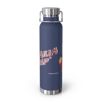 Navy blue water bottle with silver lid and 'Premium Crap' branding on a white background