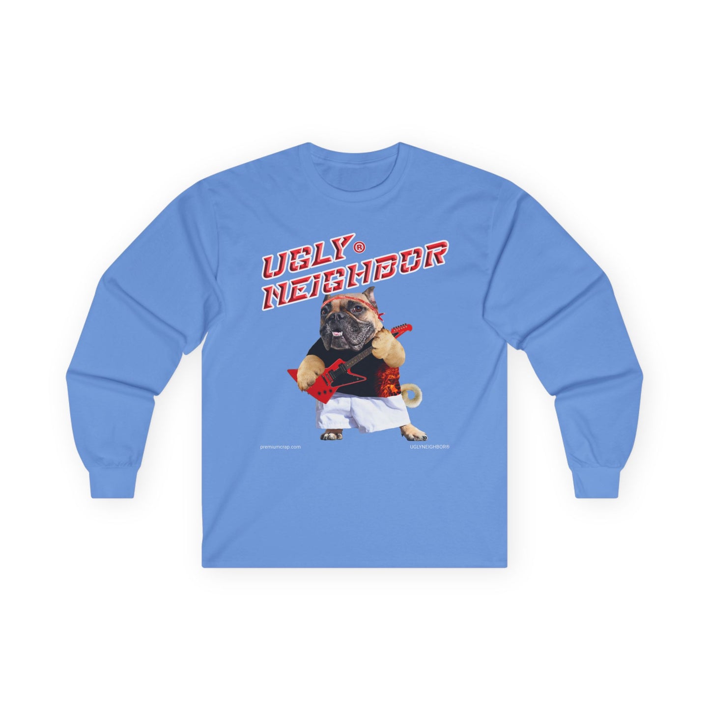 Blue long-sleeve shirt with a graphic of a dog and text on a white background