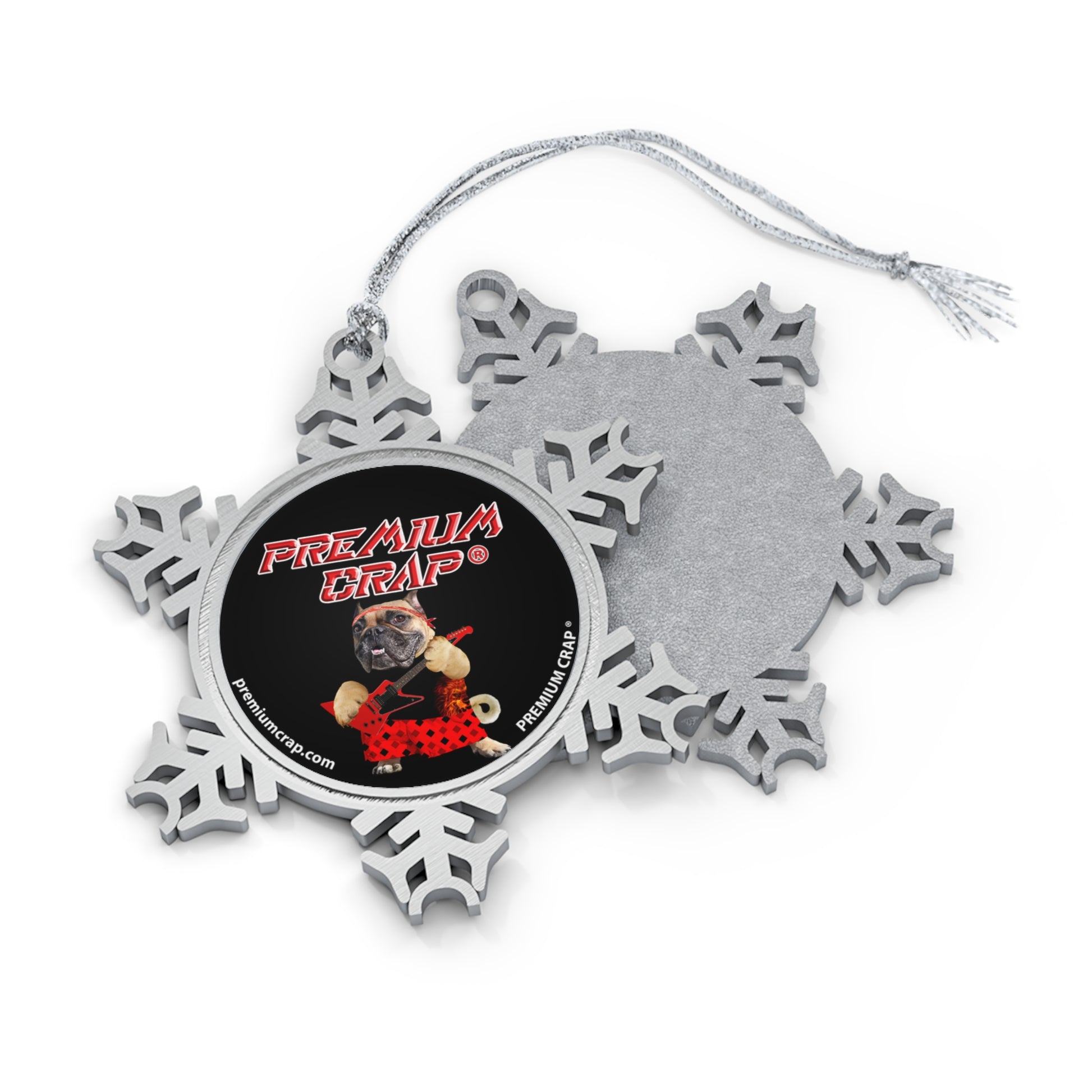 Snowflake-shaped ornament with 'Premium Crap' logo featuring a dog wearing a bandana on a white background.