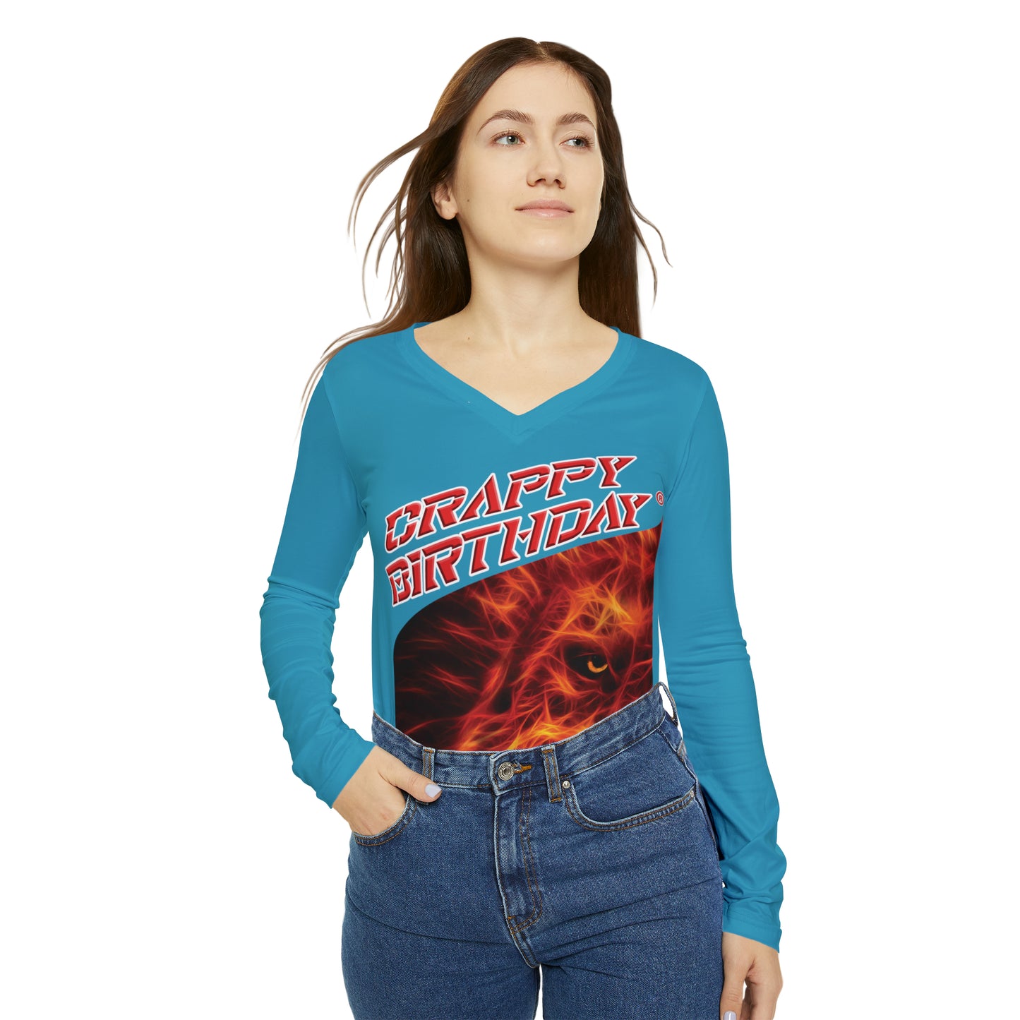 Crappy Birthday Chic Long Sleeve V-Neck Tee - Turquoise