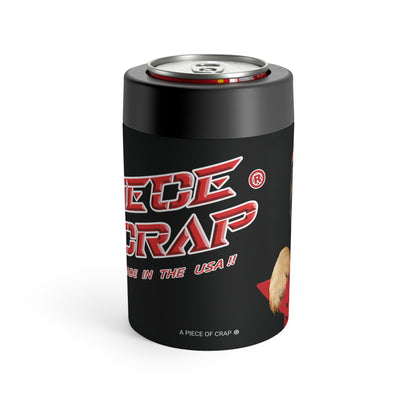 Black can cooler with red text and a logo on a white background