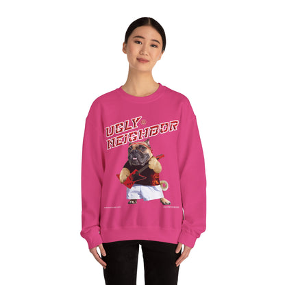 Person wearing a pink sweatshirt with a graphic design on a white background