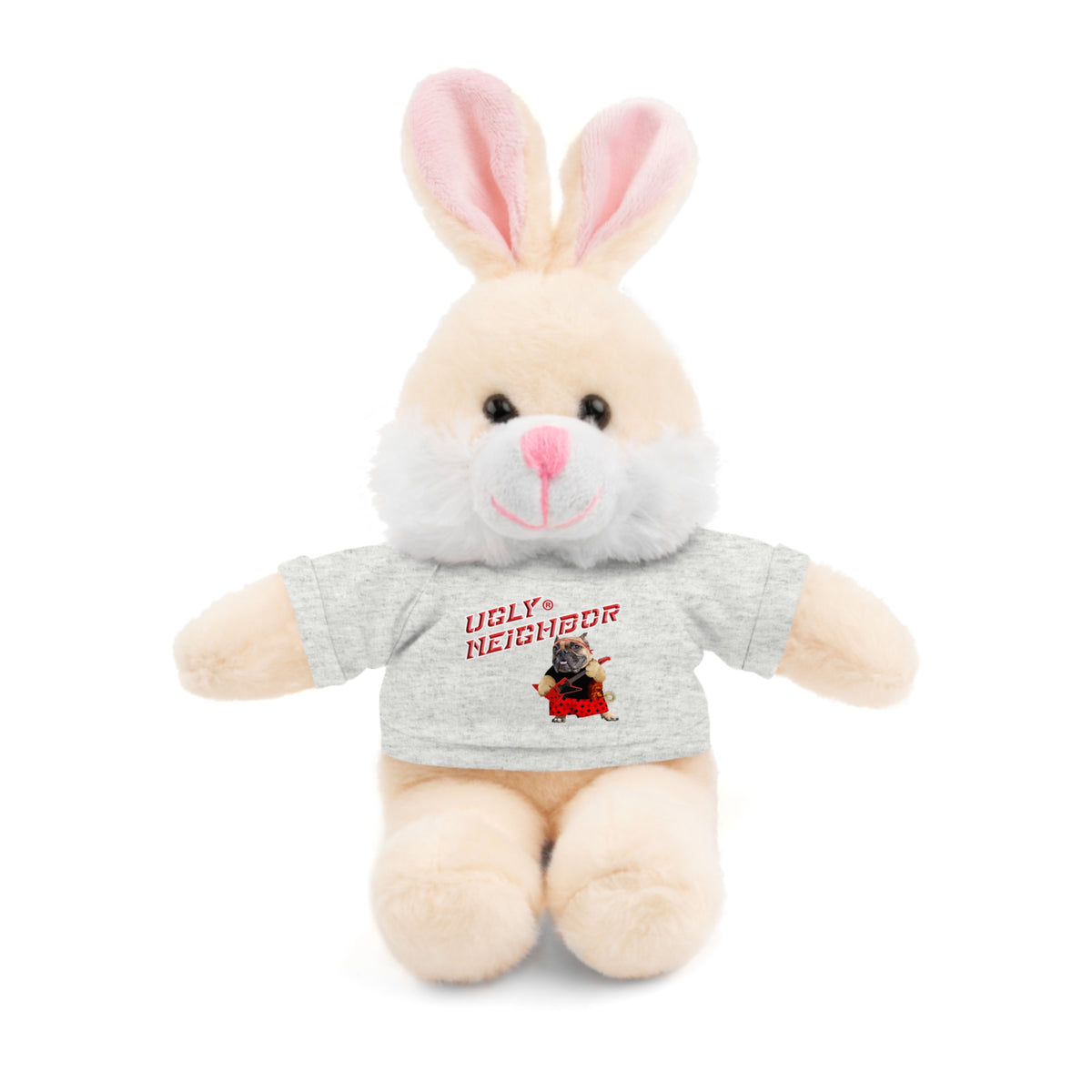 A plush bunny toy with cream-colored fur, pink inner ears, and a gray t-shirt featuring the text 'UDY NEIGHBOR' in red with a small cartoon cat graphic, set against a plain white background.