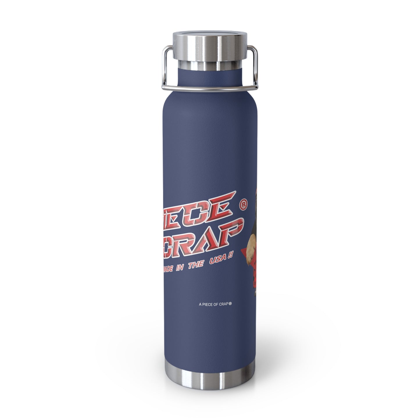 Blue water bottle with silver lid and 'A Piece of Crap' text on a white background