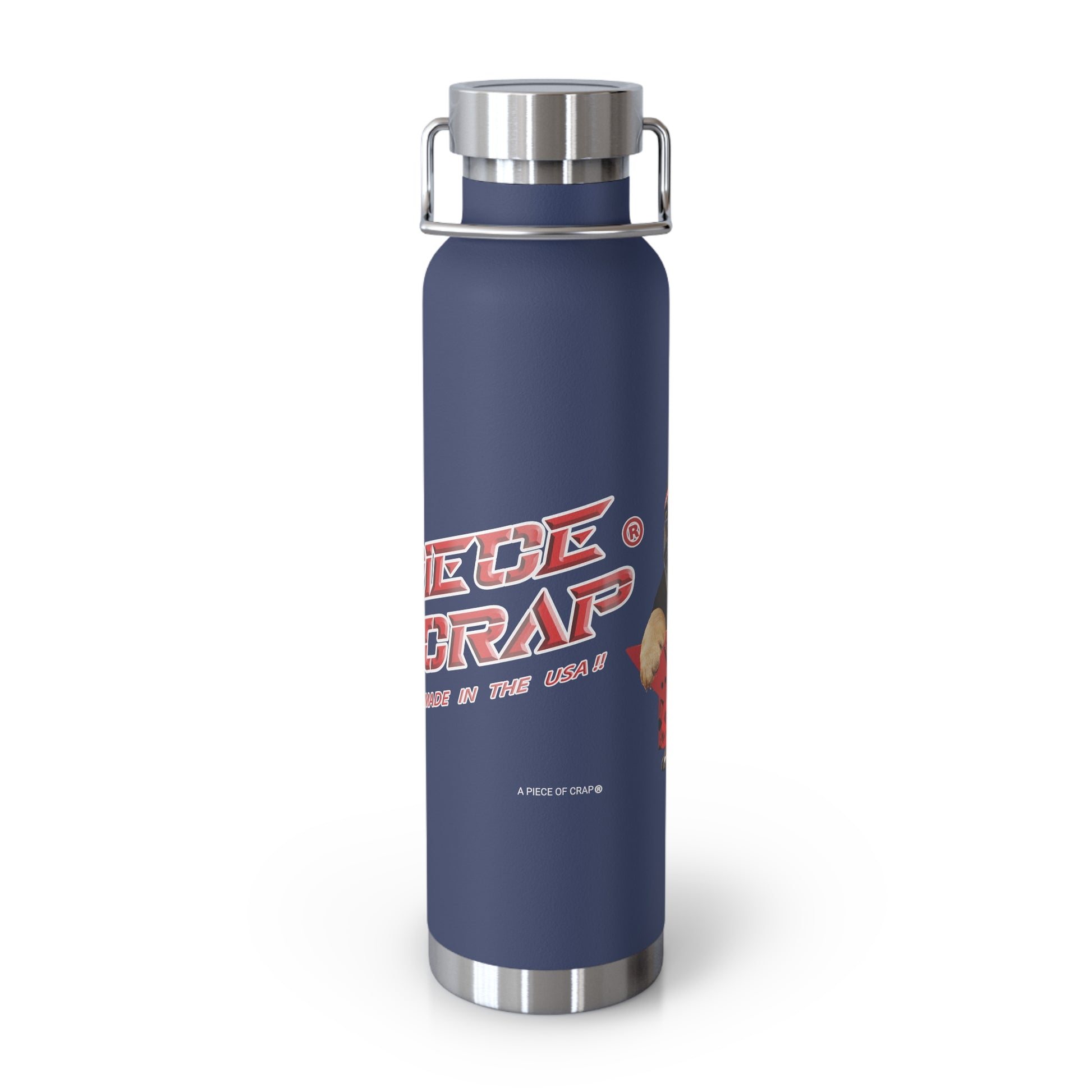 Blue water bottle with silver lid and 'A Piece of Crap' text on a white background