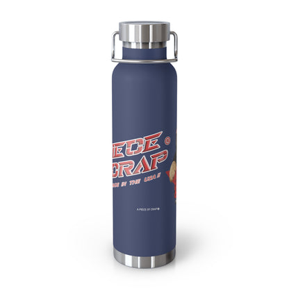 Blue water bottle with silver lid and 'A Piece of Crap' text on a white background
