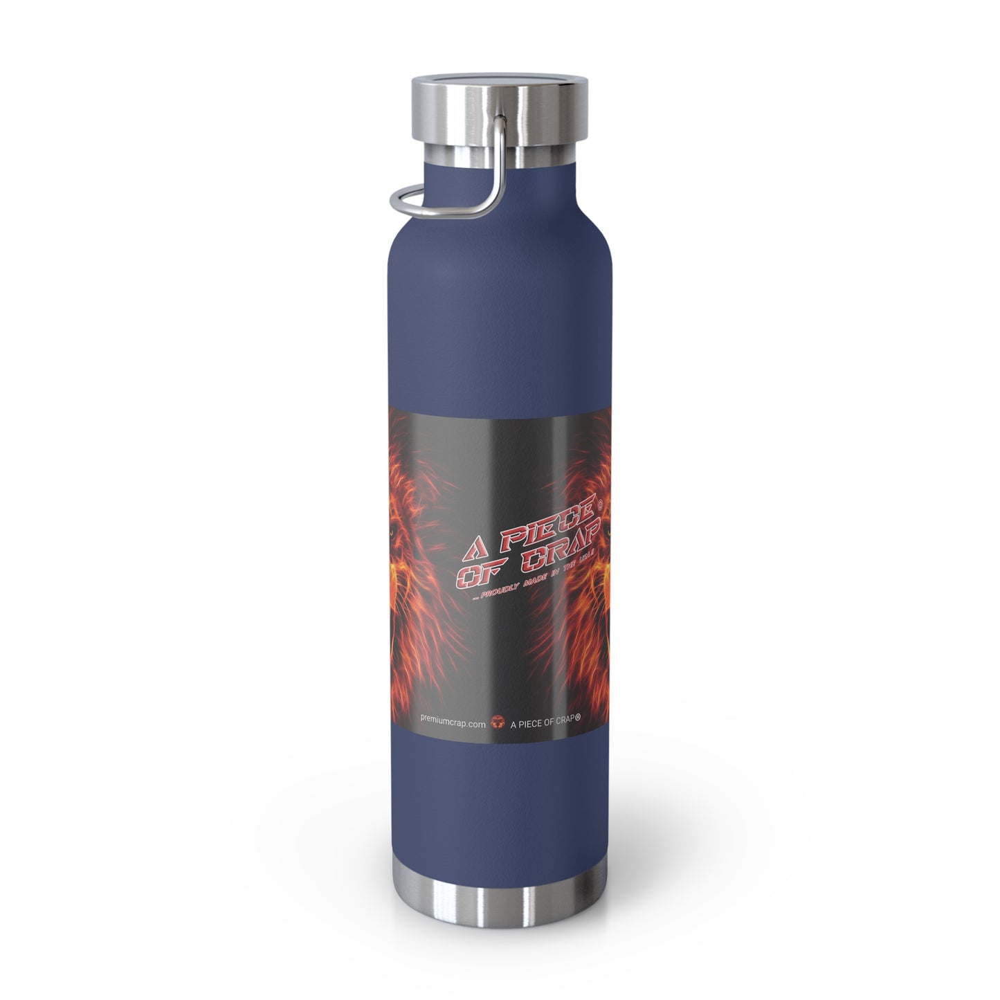 Blue water bottle with silver lid and base on a white background
