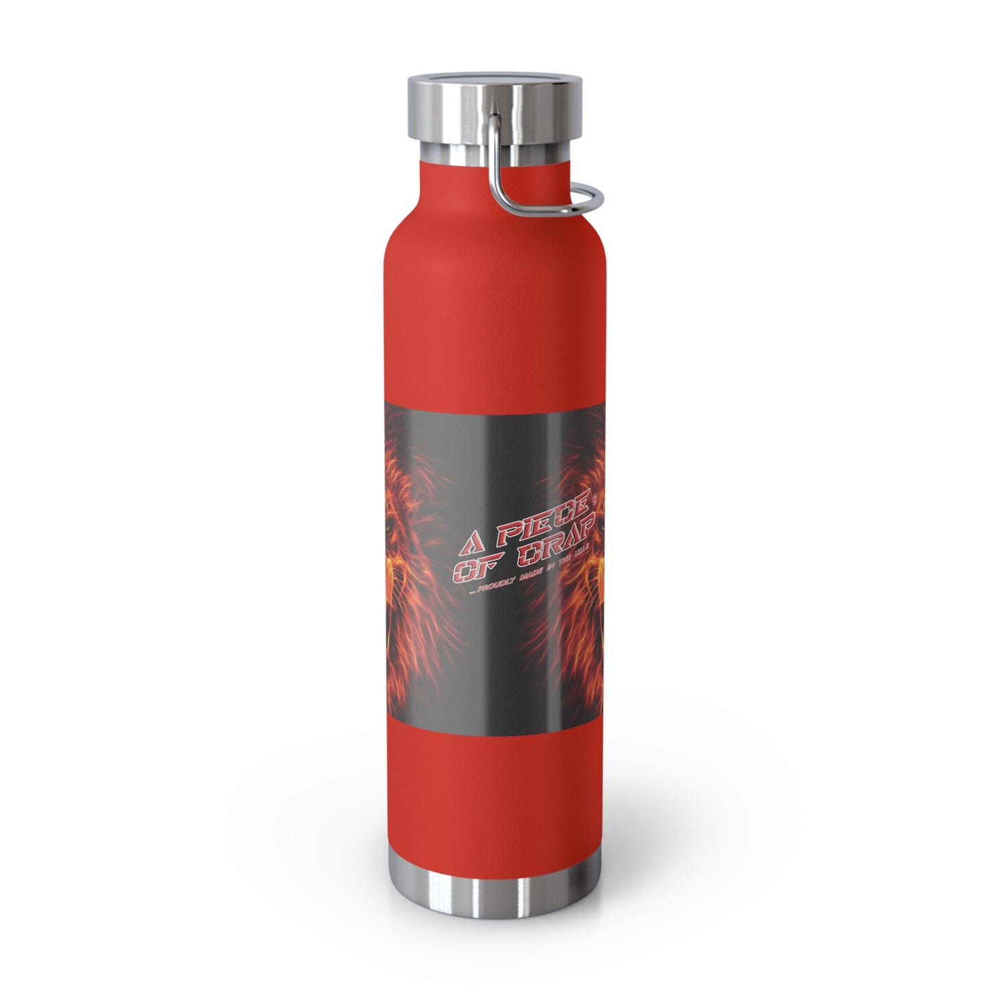 A red insulated water bottle with a dark gray wrap-around graphic featuring orange lion's mane and the text 'A Piece Of Crap'. The bottle has a silver metal cap and base, and a silver carrying loop on the side, shown on a white background.