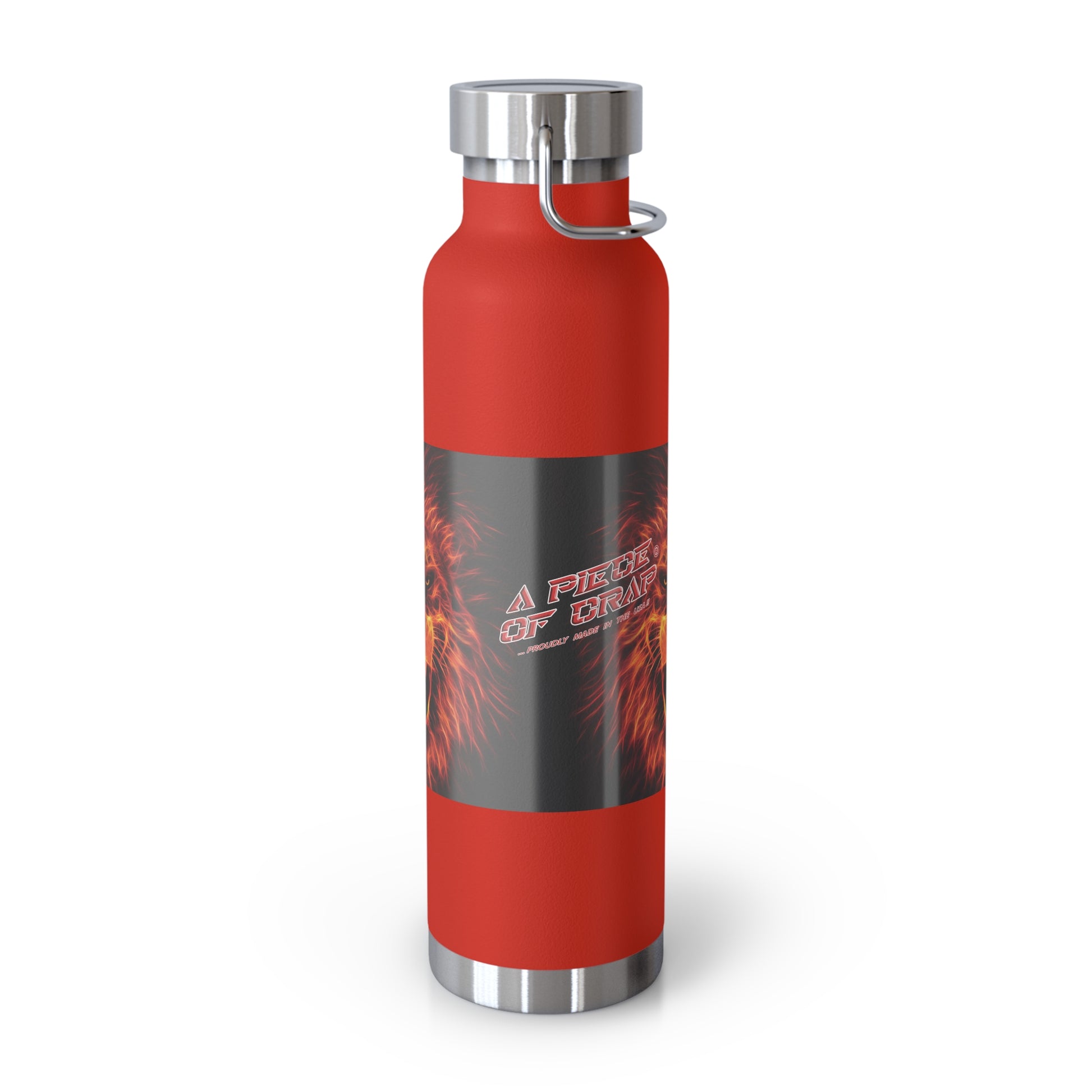 A red insulated water bottle with a dark gray wrap-around graphic featuring orange lion's mane and the text 'A Piece Of Crap'. The bottle has a silver metal cap and base, and a silver carrying loop on the side, shown on a white background.