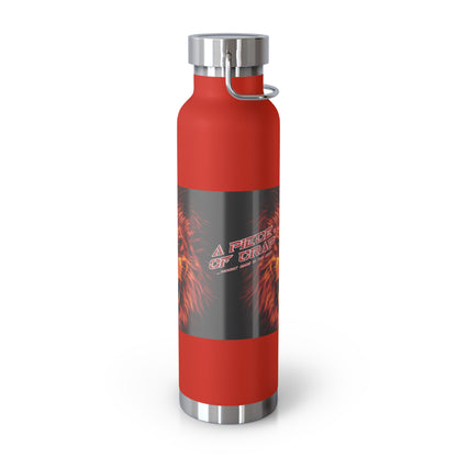 A red insulated water bottle with a dark gray wrap-around graphic featuring orange lion's mane and the text 'A Piece Of Crap'. The bottle has a silver metal cap and base, and a silver carrying loop on the side, shown on a white background.
