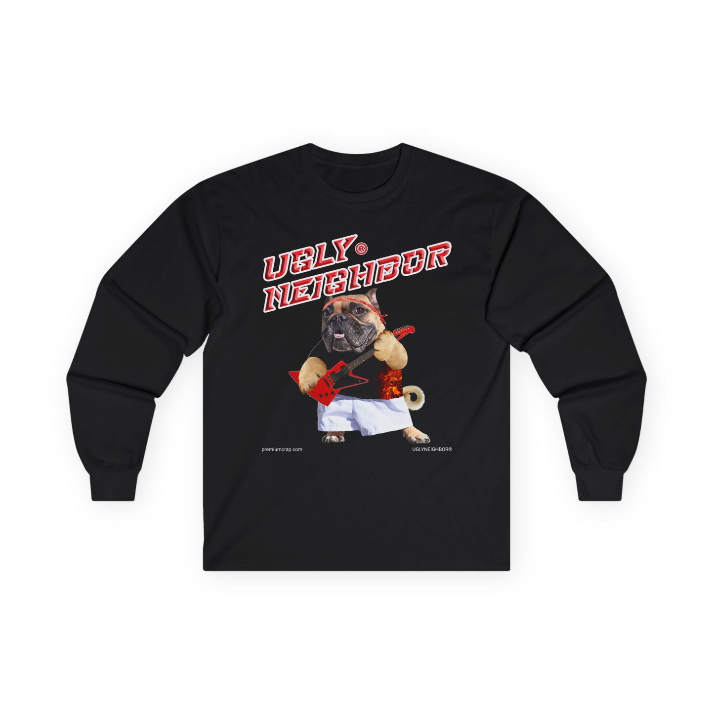 Black long-sleeve shirt with a graphic of a pug and text on a white background