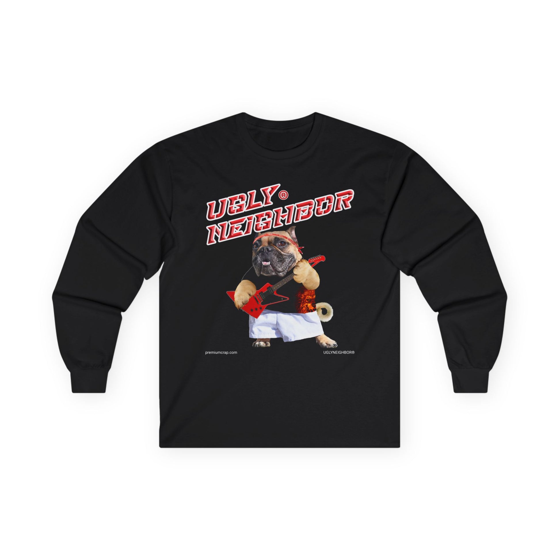 Black long-sleeve shirt with a graphic of a pug and text on a white background