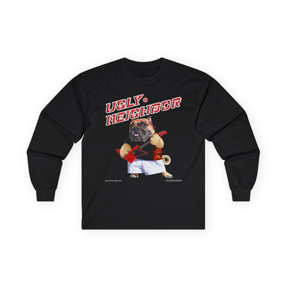 Black long-sleeve shirt with a graphic of a pug and text on a white background