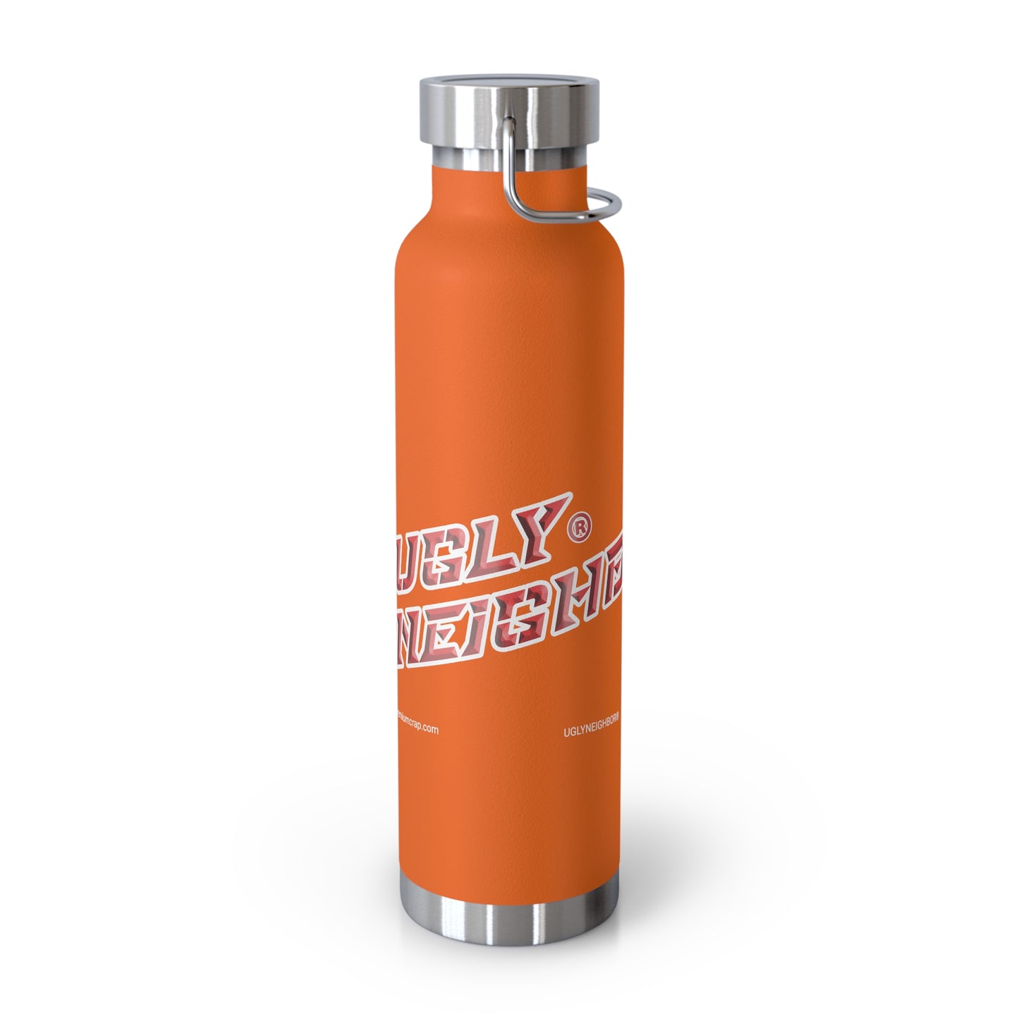 Orange water bottle with silver lid and handle on a white background
