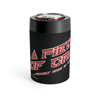 Black can cooler with red text on a white background