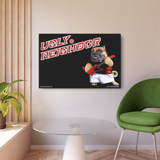 A square wall art print displayed in a modern room setting. The print features a black background with the text 'UGLY NEIGHBOR' in red and white, and an illustration of a bulldog wearing a red headband and white shorts, holding boxing gloves.