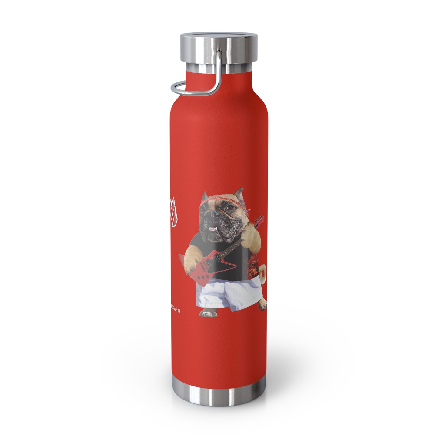 A red insulated water bottle with a silver metal lid and base, featuring a graphic of a French bulldog wearing a black and white outfit on the front, set against a plain white background.