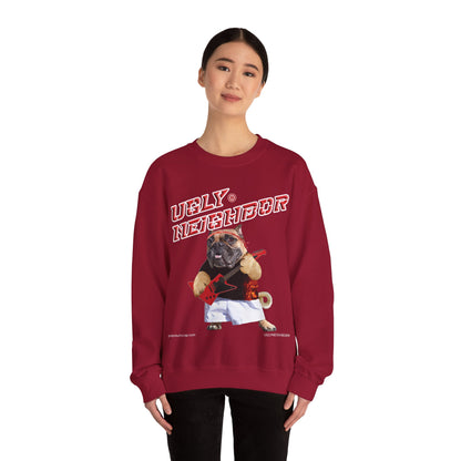 Person wearing a red sweatshirt with a graphic design on a white background