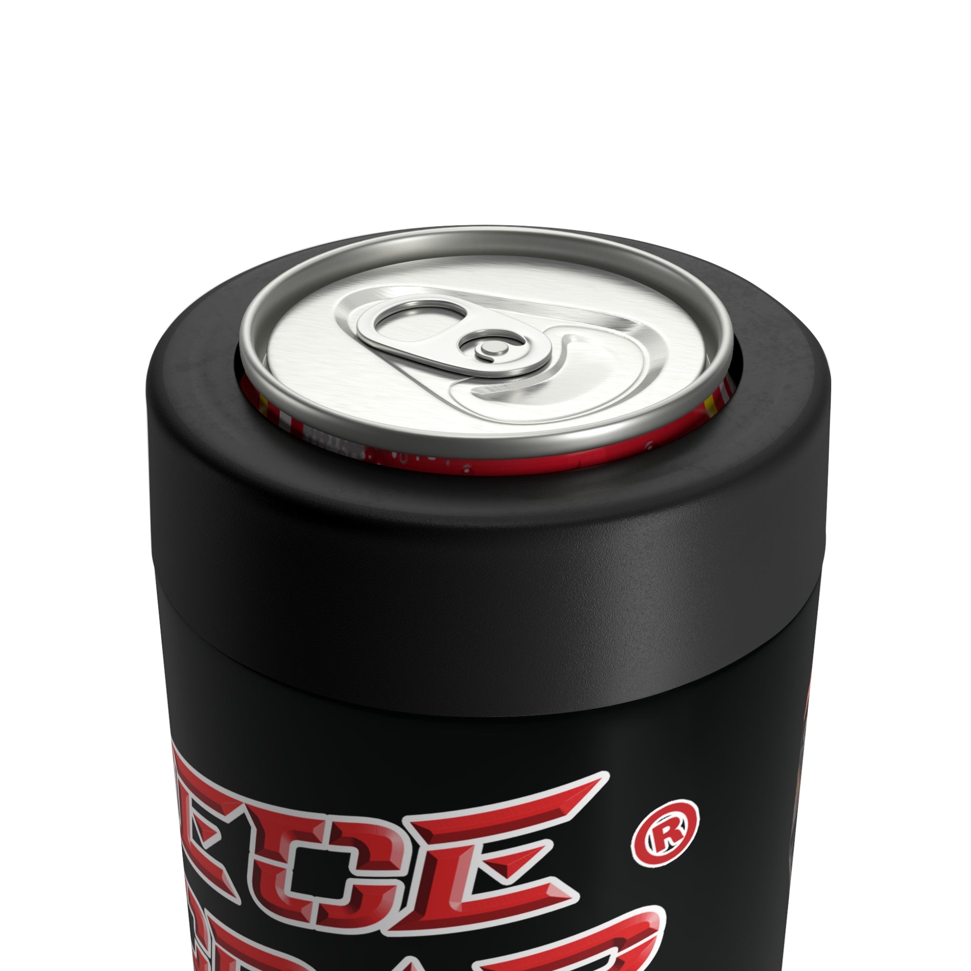 Black can cooler with a red and white logo on a white background