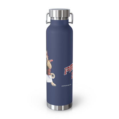 A matte navy blue insulated water bottle with stainless steel accents, featuring a cartoon dog graphic and red 'Premium Crap' lettering on the front, set against a plain white background.