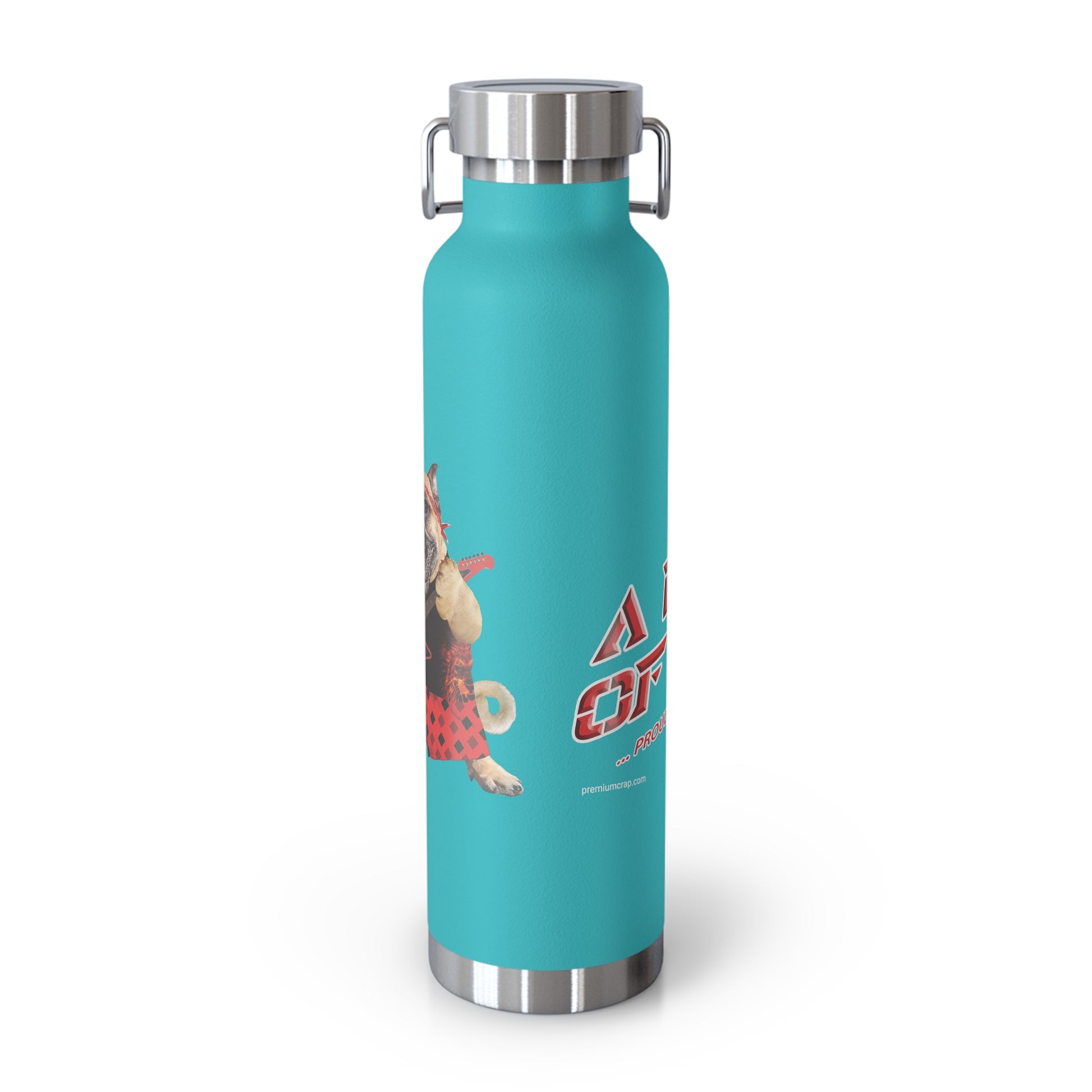 Turquoise water bottle with a design on a white background