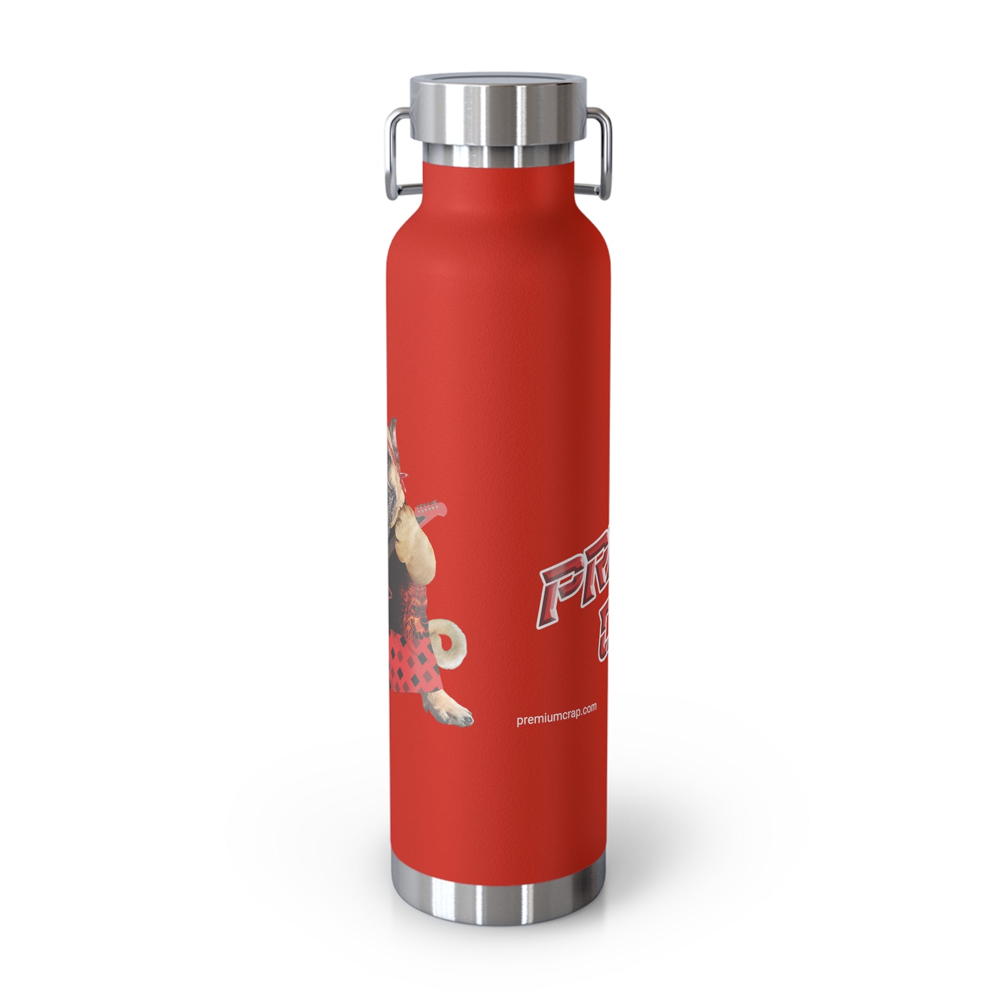 Red water bottle with silver cap and handle on a white background