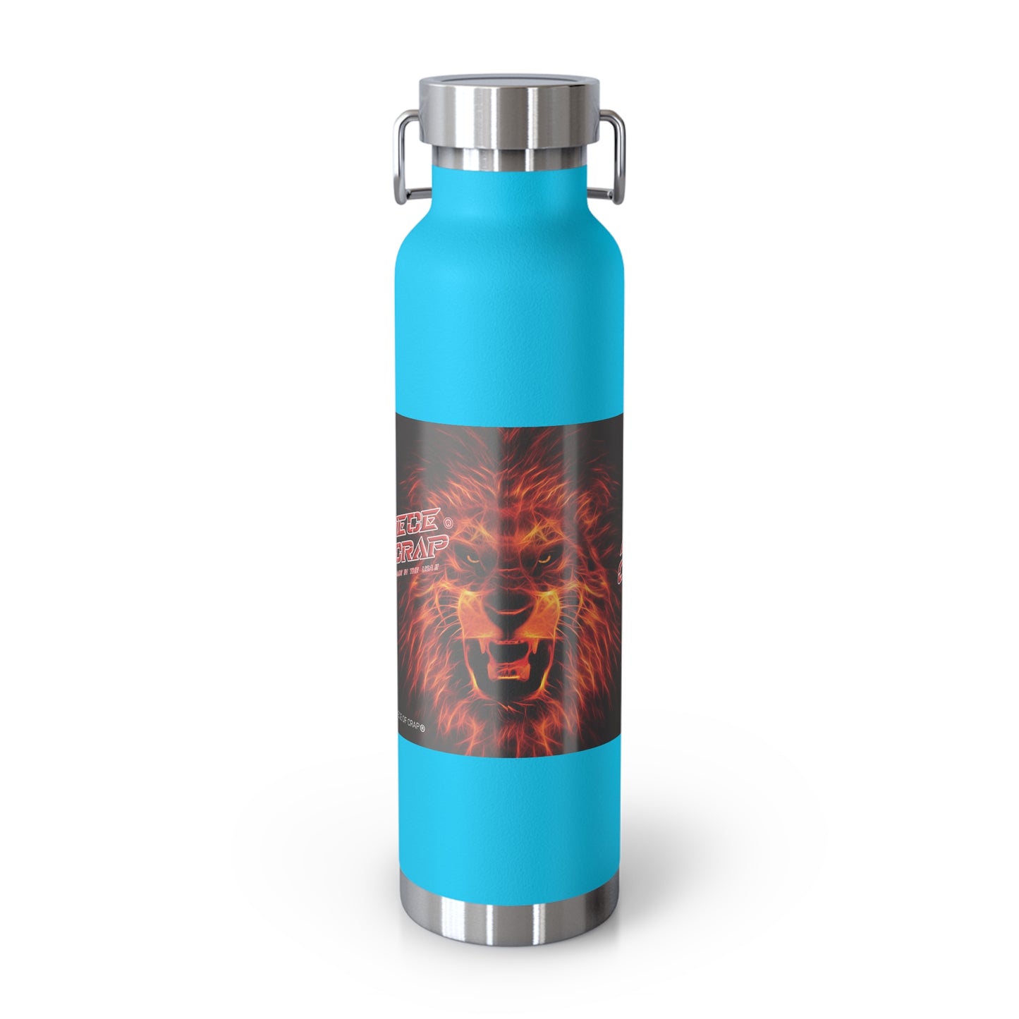 Blue water bottle with a lion design on a white background