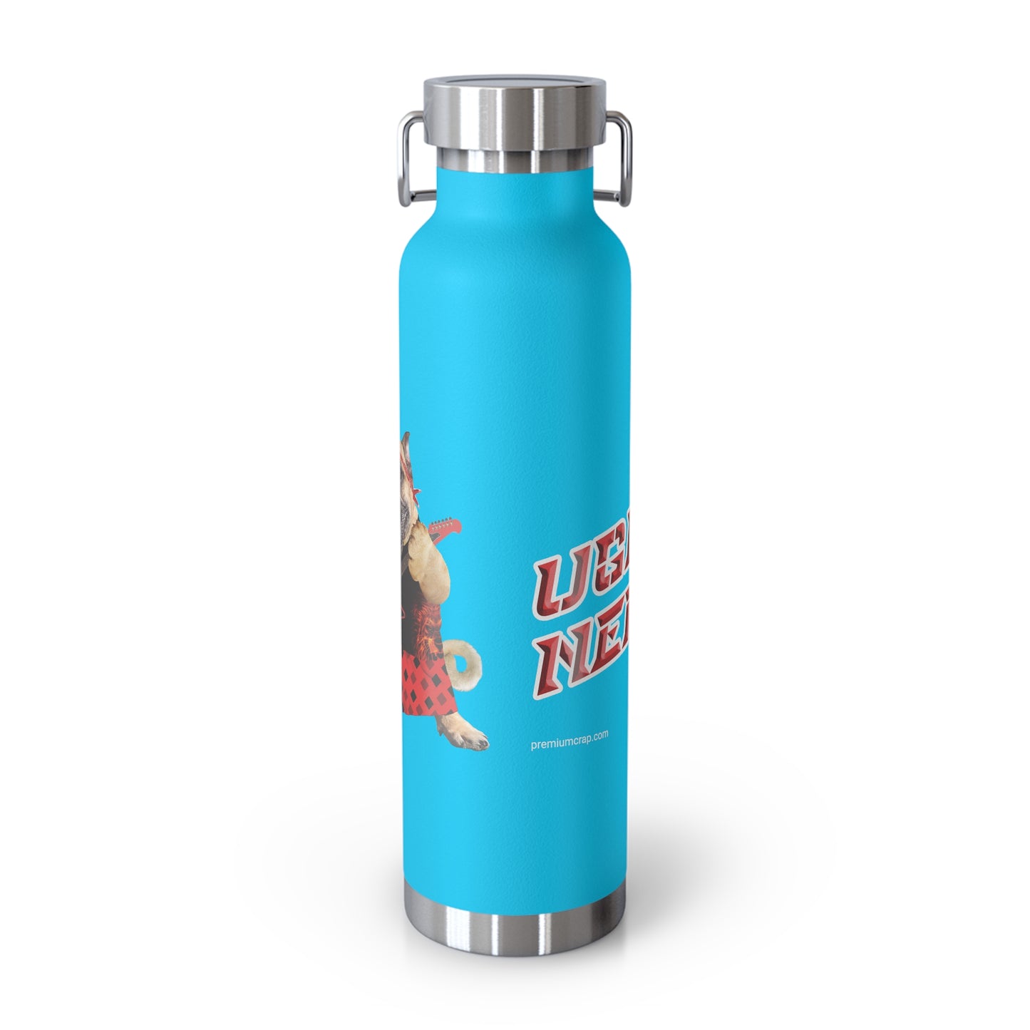Blue water bottle with a graphic design on a white background
