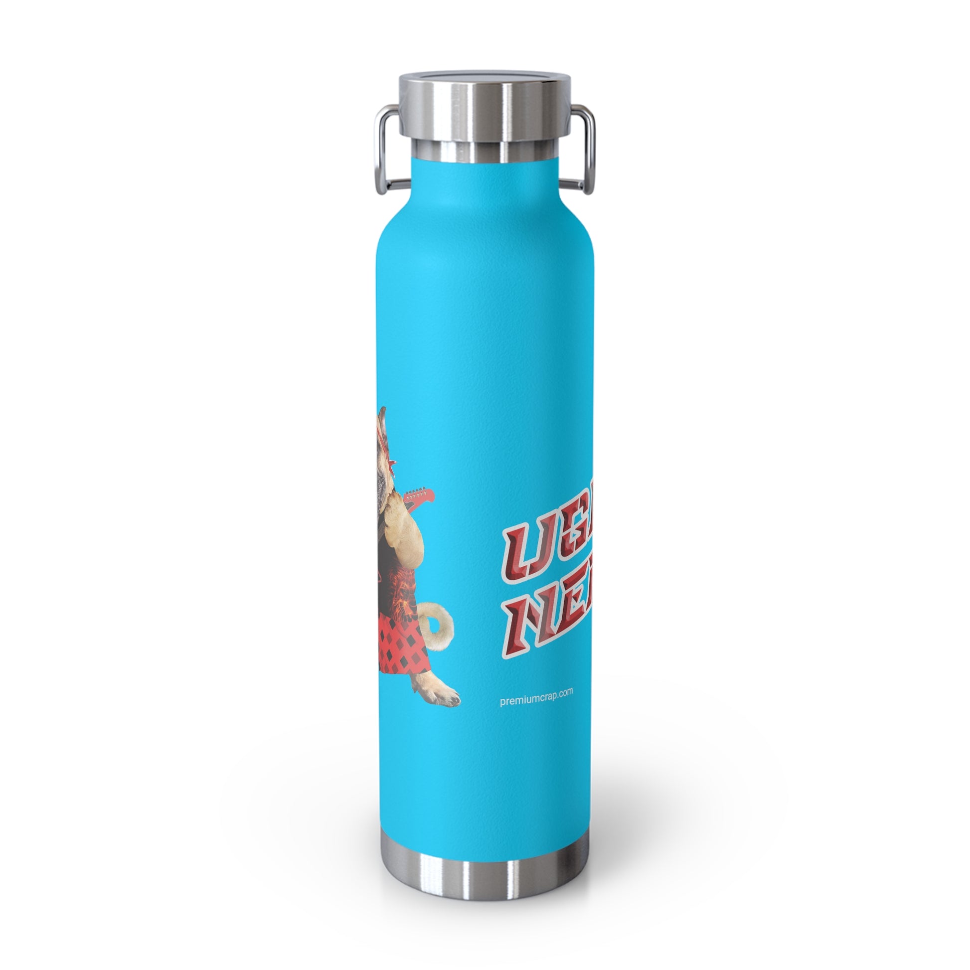 Blue water bottle with a graphic design on a white background