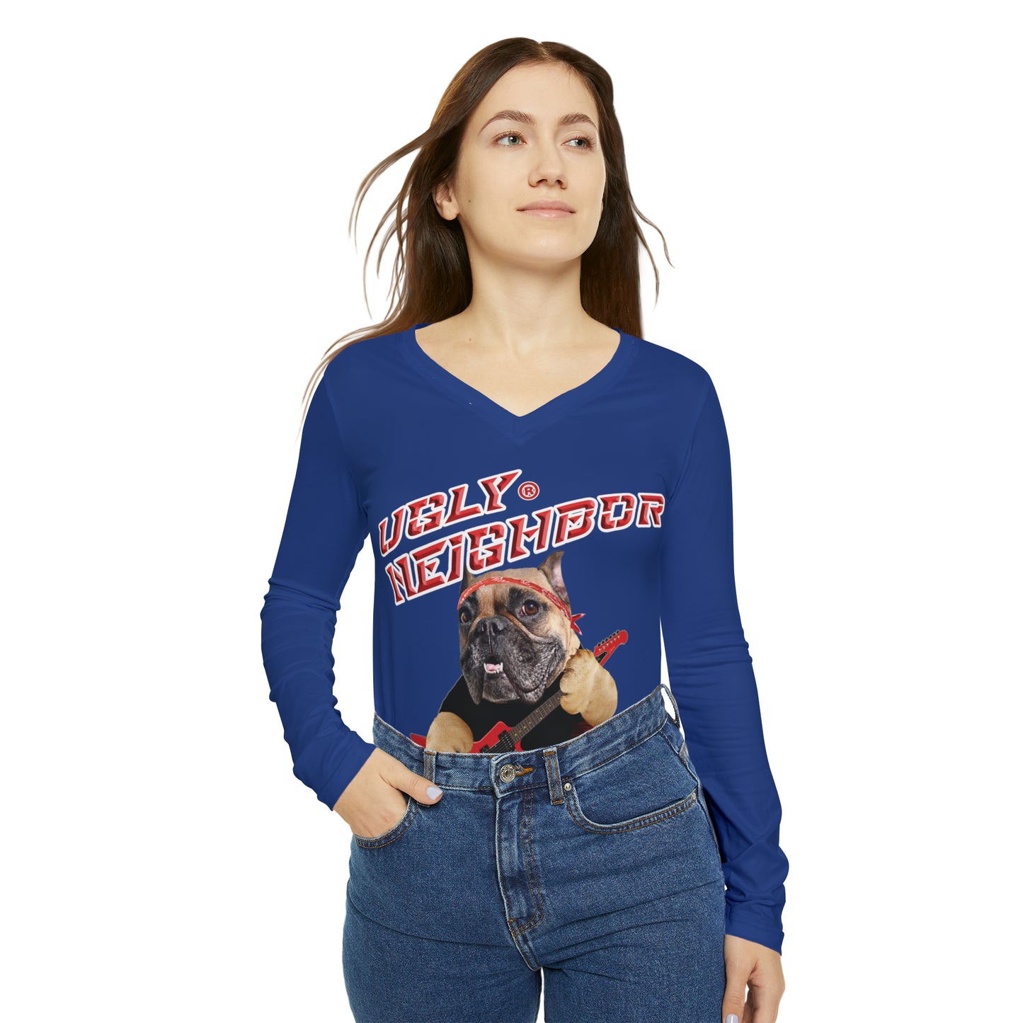 Ugly Neighbor Chic Long Sleeve V-Neck Tee - Dark Blue