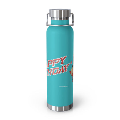 Turquoise water bottle with 'Crappy Birthday' text on a white background