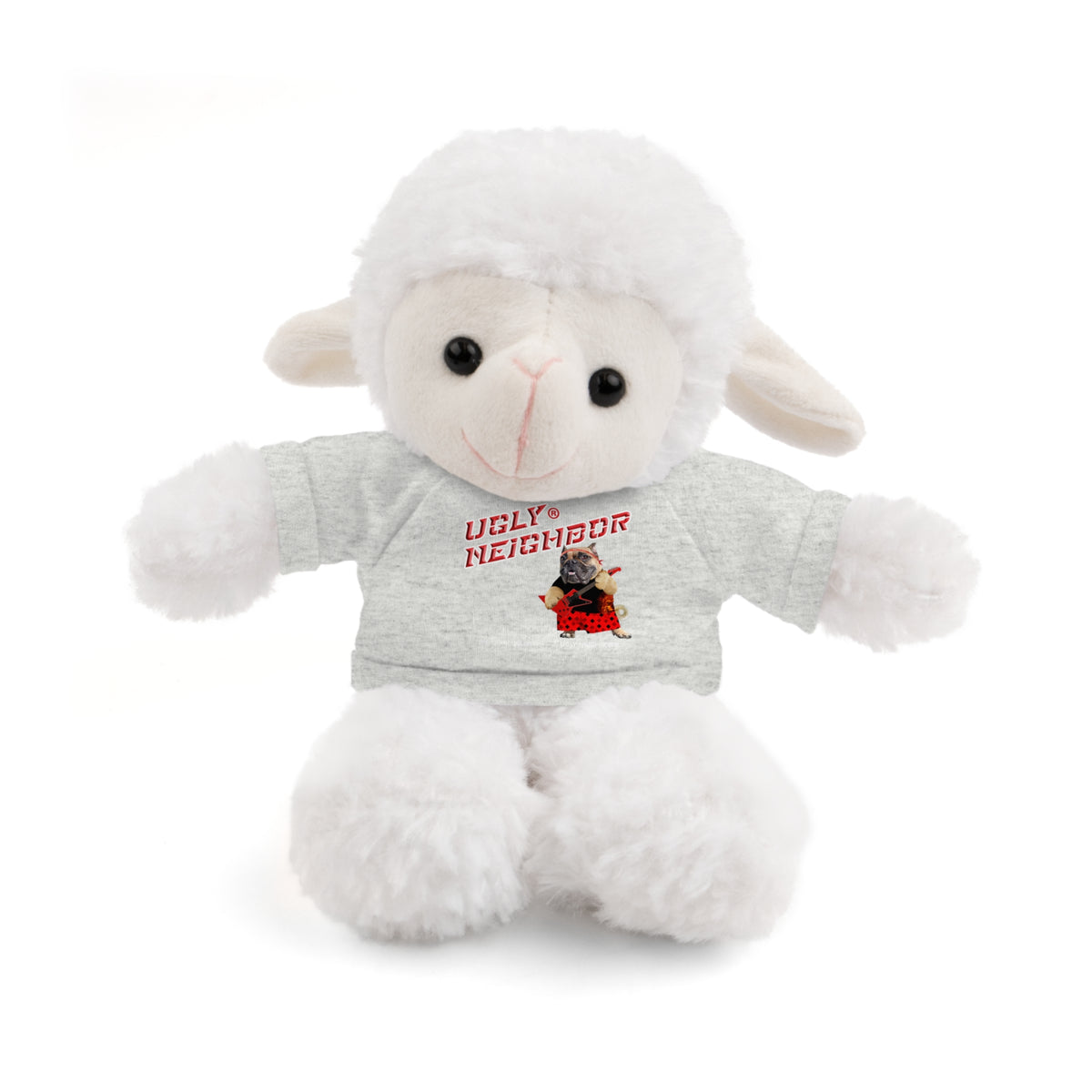 A white plush sheep toy wearing a light gray t-shirt with a red graphic that reads 'UGLY NEIGHBOR' and shows a pug in a red outfit, photographed on a clean white background.