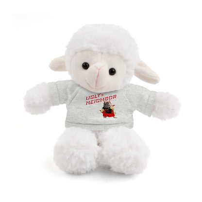 A white plush sheep toy wearing a light gray t-shirt with a red graphic that reads 'UGLY NEIGHBOR' and shows a pug in a red outfit, photographed on a clean white background.