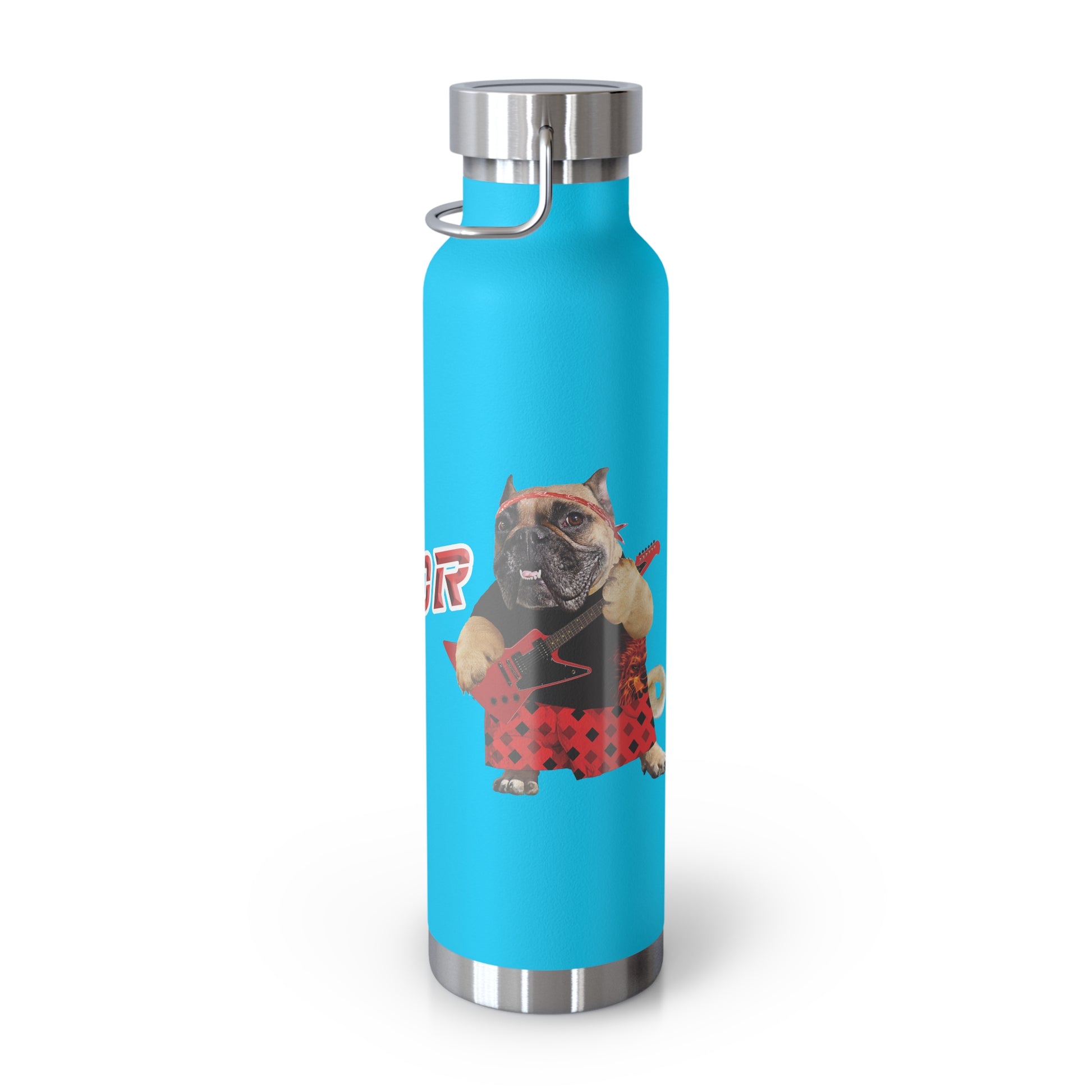 Blue water bottle with a dog graphic on a white background