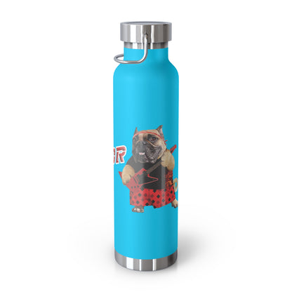 Blue water bottle with a dog graphic on a white background