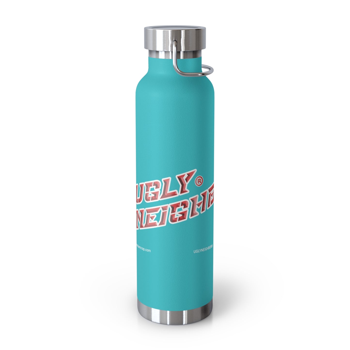 Turquoise water bottle with red and white text on a white background