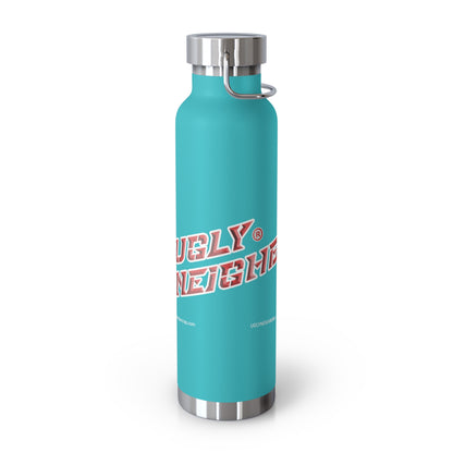 Turquoise water bottle with red and white text on a white background