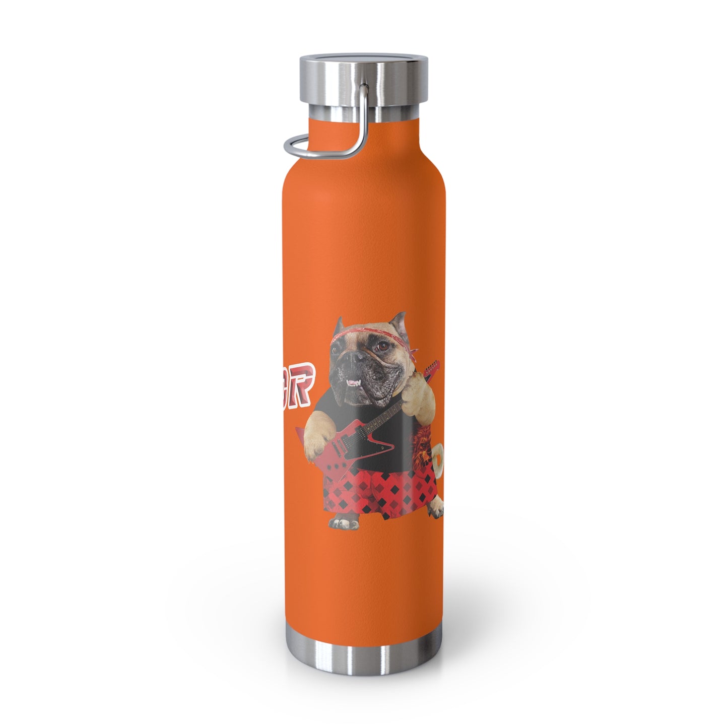 Orange water bottle with a graphic of a dog holding a guitar on a white background