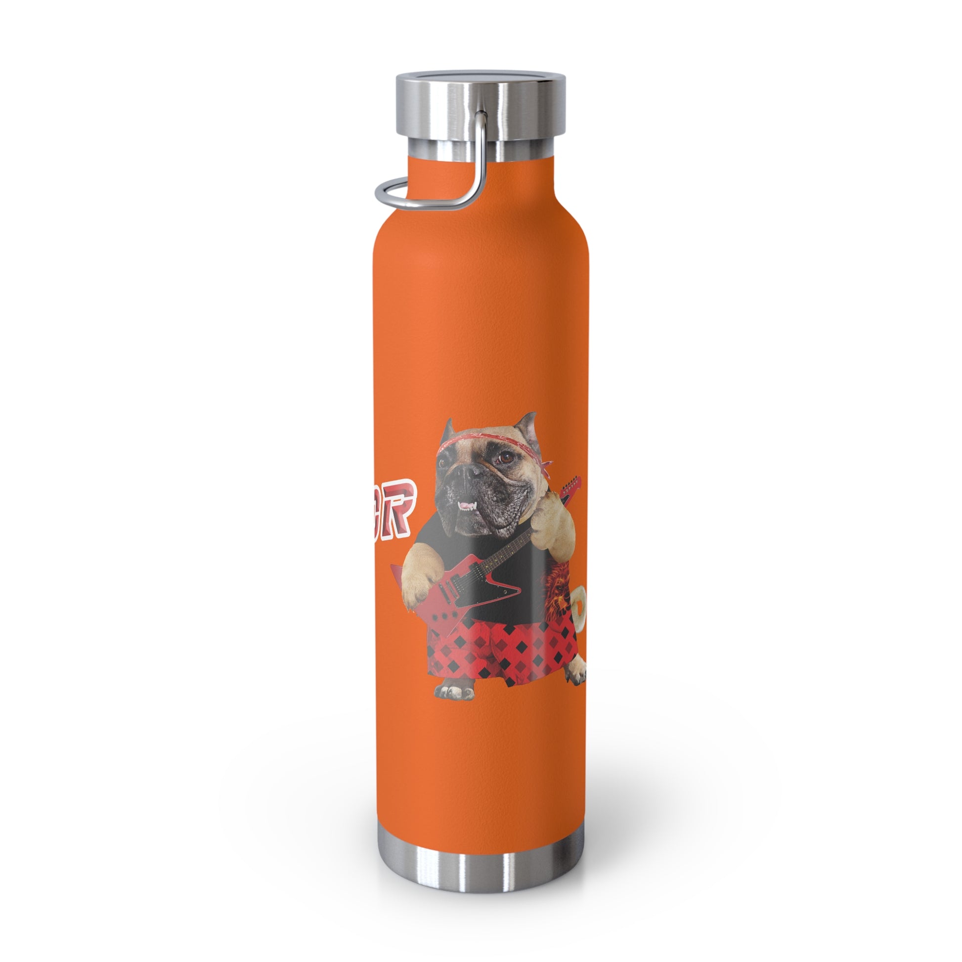 Orange water bottle with a graphic of a dog holding a guitar on a white background