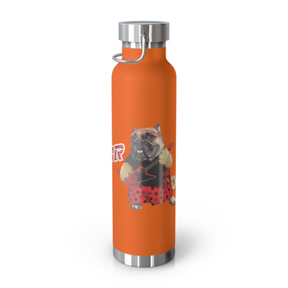 Orange water bottle with a graphic of a dog holding a guitar on a white background