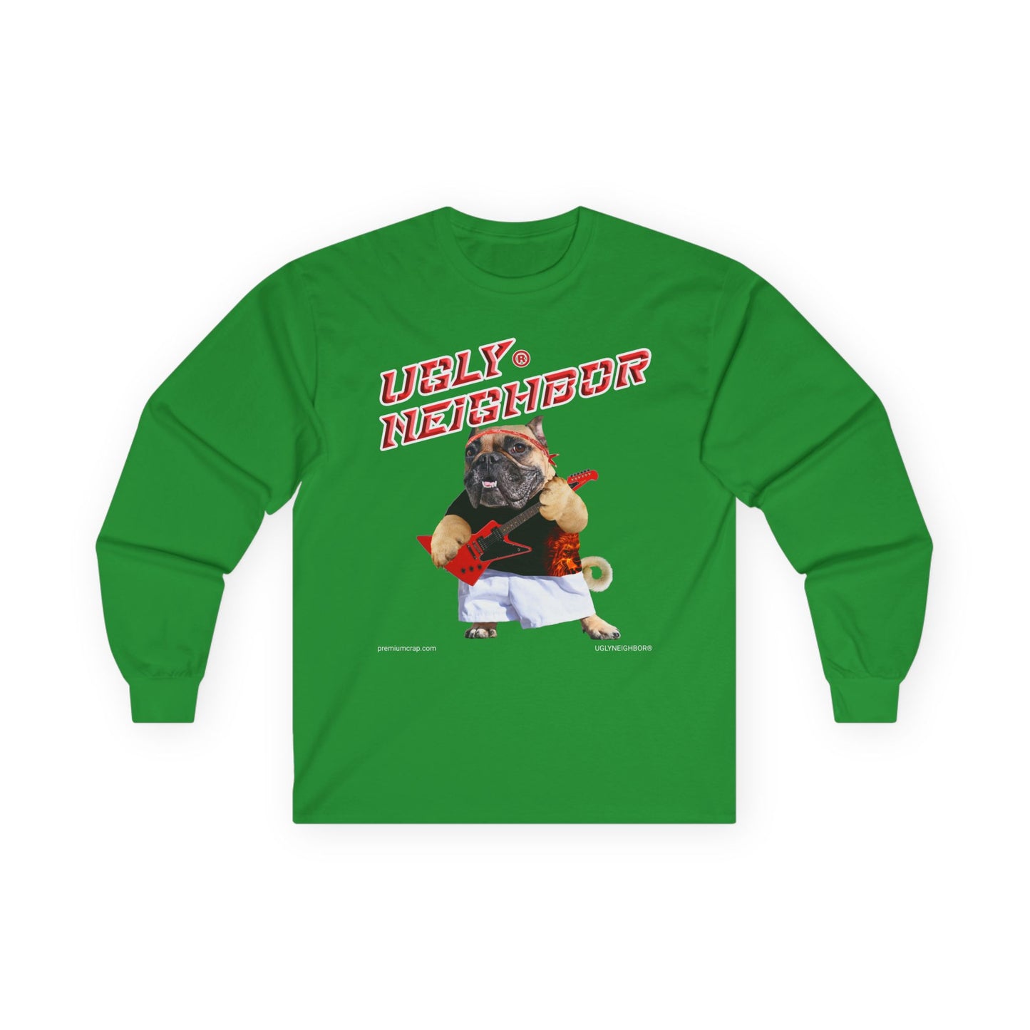 Green long-sleeve shirt with a graphic of a dog and text on a white background