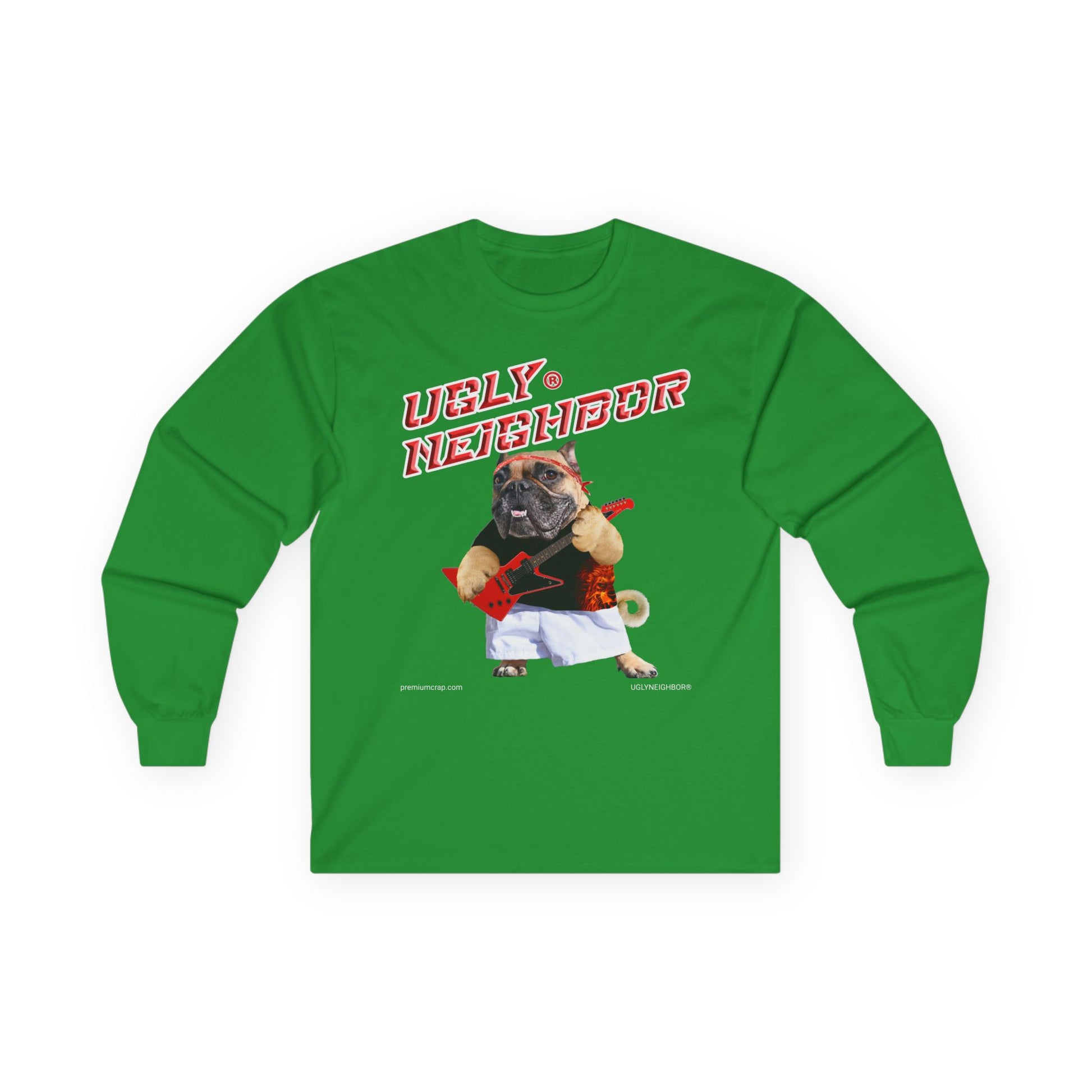 Green long-sleeve shirt with a graphic of a dog and text on a white background
