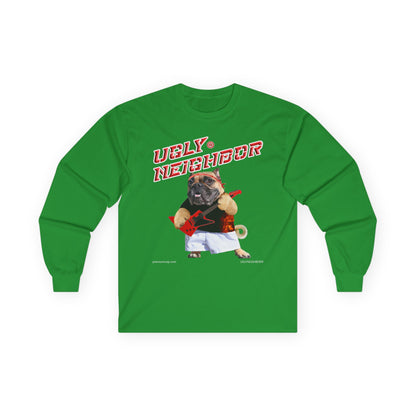 Green long-sleeve shirt with a graphic of a dog and text on a white background
