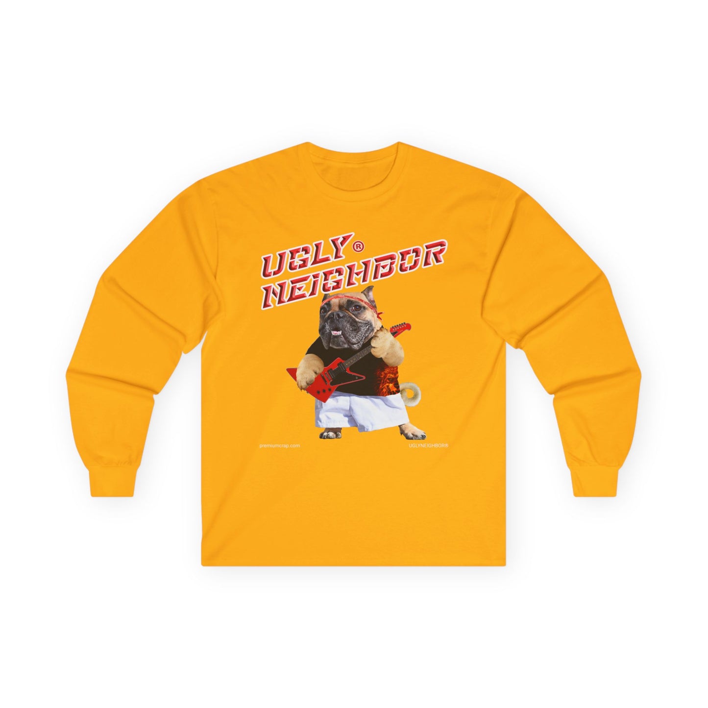 Yellow long-sleeve shirt with a graphic of a dog and text on a white background