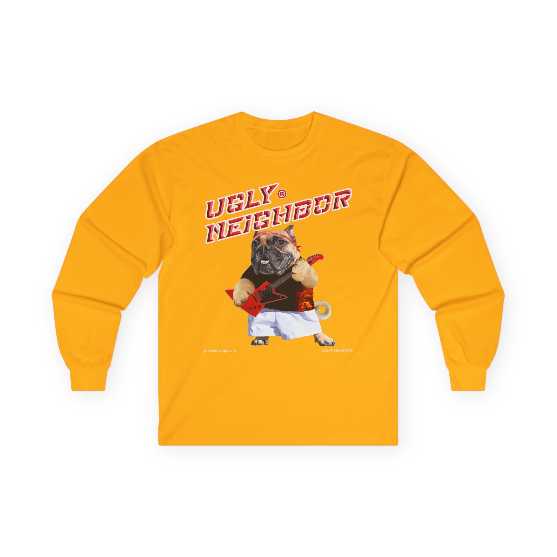 Yellow long-sleeve shirt with a graphic of a dog and text on a white background