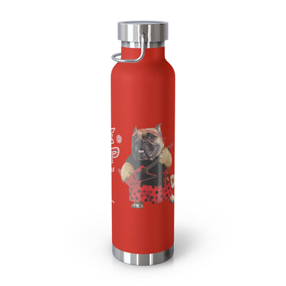 Red water bottle with a dog design on a white background