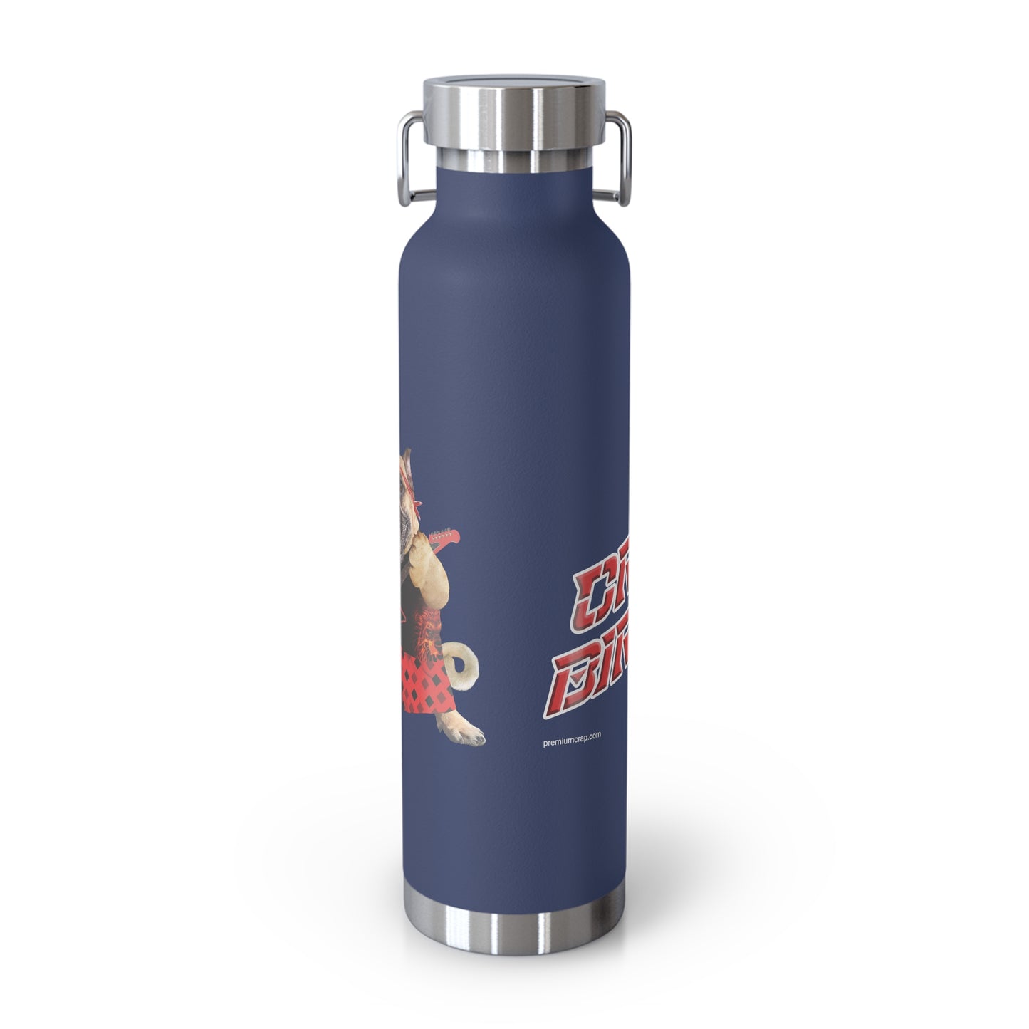 Navy blue water bottle with cartoon character and text on a white background
